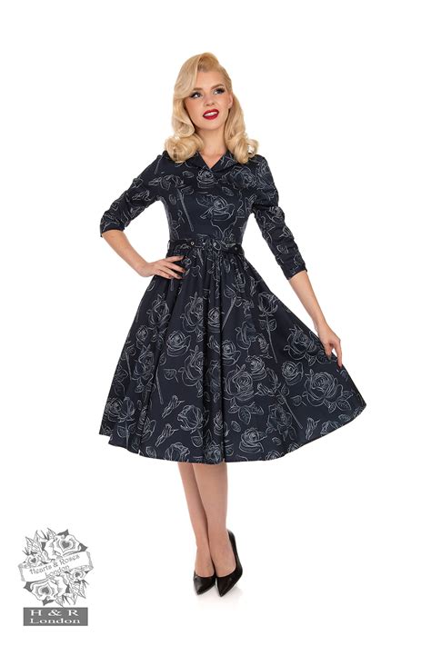 White Rose Swing Dress In Navy Hearts And Roses London