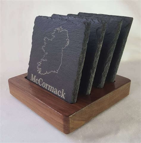 Custom Personalised Slate Coasters With Oak Or Walnut Holder Irish