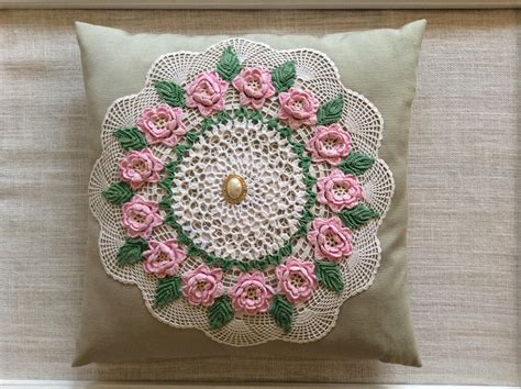 Green and Pink Crochet Pillow, Large Pillow, Decorative Pillow, Display Pillow, Vintage Pillow ...