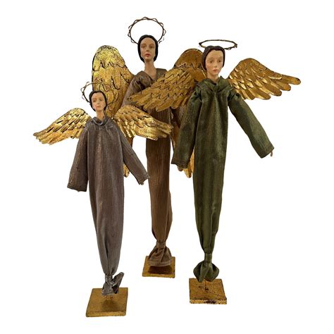 Vintage Silk And Gilded Winged Angel Figures On Stands Set Of 3