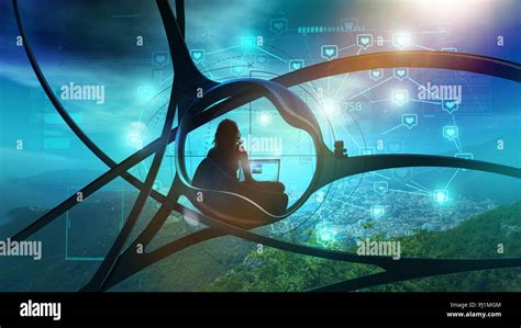 Sci Fi Blogger Surrounded By Nature Social Infographics Stock Photo