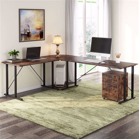 Home Office Desks Rustic Brown Large L Shapes Computer Desk Reversible