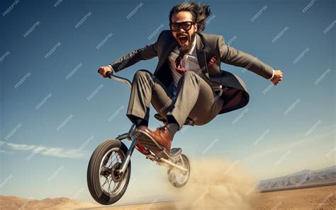 Premium Ai Image Crazy Business Man On Gas Powered Unicycle Generative Ai