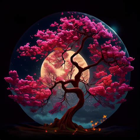 Premium Photo Cherry Blossom Sakura Trees And Full Moon Illustration
