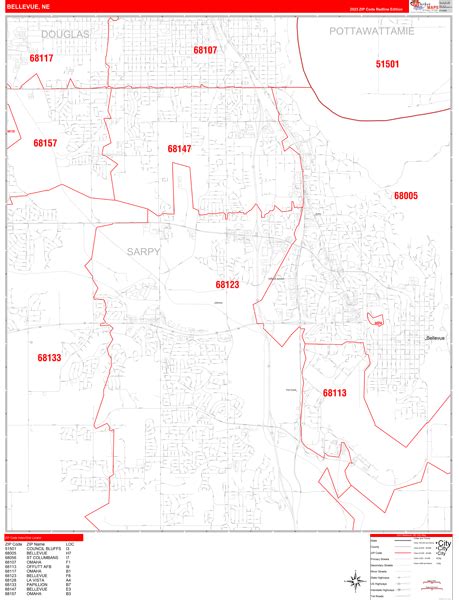 Bellevue Nebraska Zip Code Wall Map Red Line Style By Marketmaps