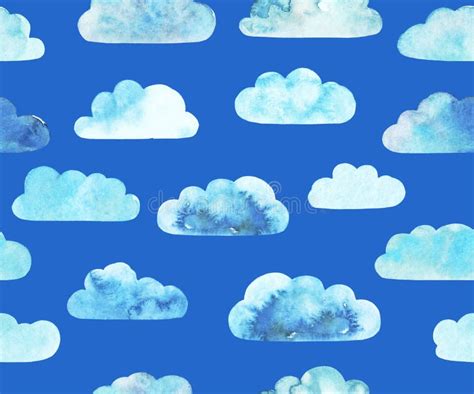 Seamless Pattern With Watercolor Painted Clouds On Blue Sky Background