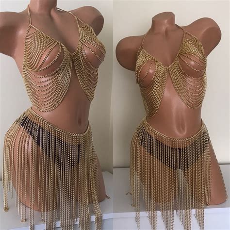 Gold Chain Bra And Skirt Festival Outfit Bodychain Gold Etsy Body