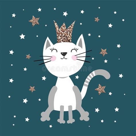 Cute Funny Princess Cat With A Glitter Crown And Gold Stars On Dark