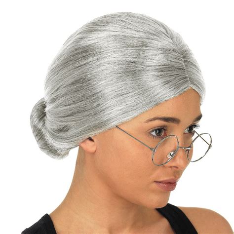 Old Lady Grandma Granny Grey Wig Bun Hair Fancy Dress Lace Front Wigs With