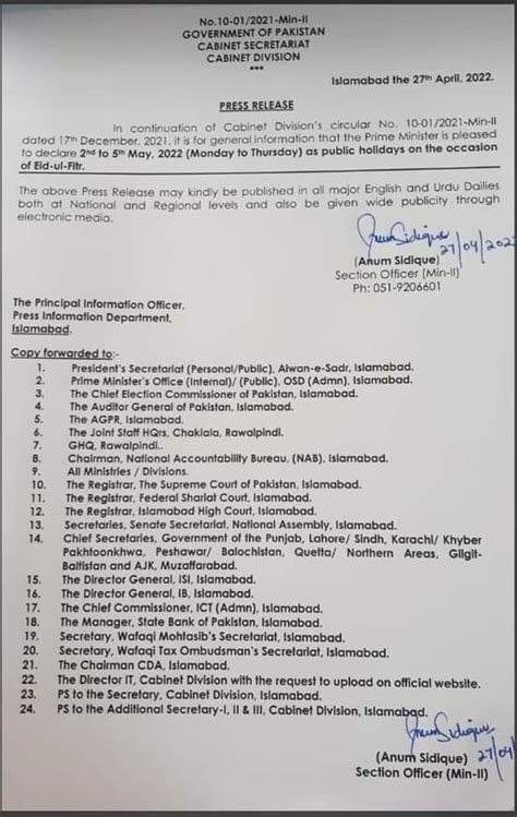 Notification Eid Ul Fitr Holidays 2022 Pakistan Govt Jobs And Employees