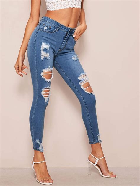 Distressed Faded Skinny Jeans High Waisted Ripped Skinny Jeans