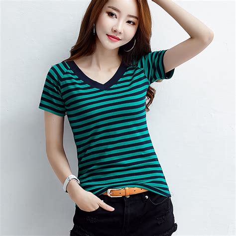 Shintimes Korean Style Womens Clothes Striped Tee 2020 Summer Tshirts Tops Casual Cotton T Shirt