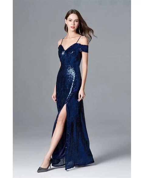 Sexy Sparkly Navy Blue Sequined Slit Prom Dress With Off Shoulder