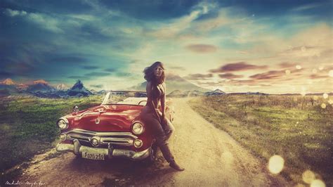 Wallpaper Hot Girl Vintage Car Landscape Warm Hd