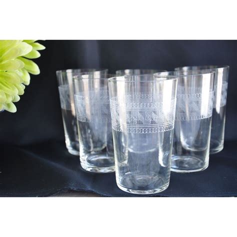 Set Of Six Identical Vintage Etched Glass Tumblers Typical Art Deco Era Scrolls And Meanders