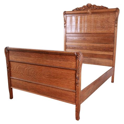 Antique Carved Tiger Oak Full Size Bed Circa 1900 Cottage Furniture