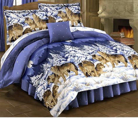 Midnight Wolves Blue Comforter Set And Sheets Wildlife Lodge Cabin Bed