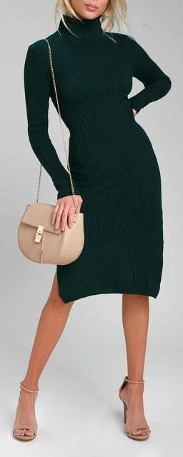 Sheerah Forest Green Turtleneck Midi Sweater Dress Sweater Dress Midi