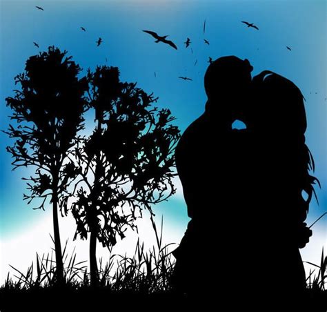 Couple Kissing Silhouette On Landscape With Tree Behind Vector Download