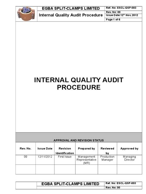 Escl Qsp 003 Internal Quality Audit Proceduredoc Audit Accounting