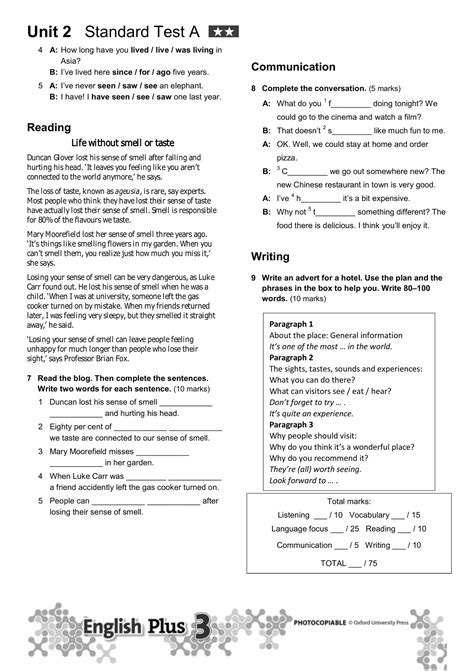 Unit 2 Standard Test English Plus 3 Interactive Worksheet Edform