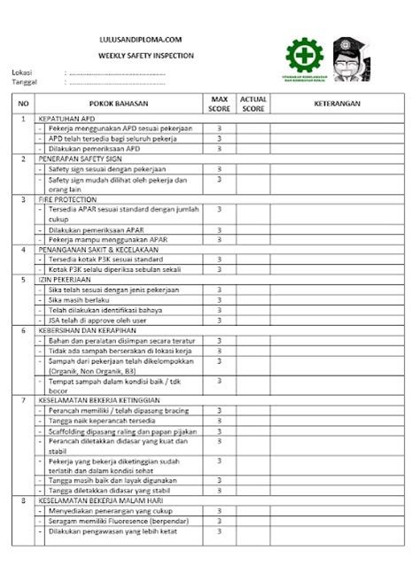 Contoh Form Checklist Inspeksi K3 Lulusandiploma Com Riset