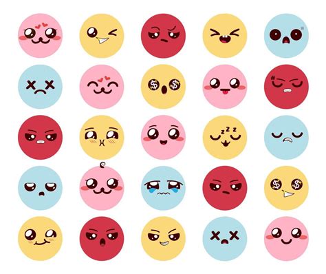 Emojis Kawaii Character Vector Set Emoticon Cute Cartoon Emoji With