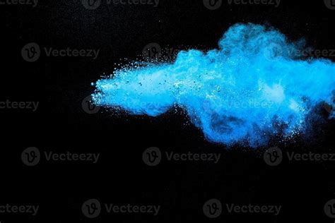 Blue Powder Explosion Cloud On Black Background Launched Blue Dust Particles Splash