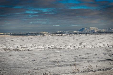 Iceland Winter View With Volcano Covered In Snow Towards Snow Ca Stock