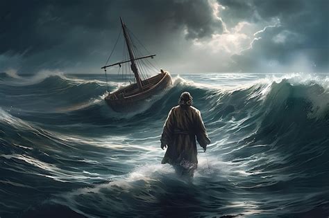 Jesús Camina Sobre El Agua A Través Del Mar Hacia Un Barco Durante Una