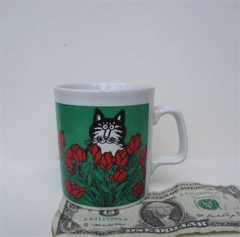 Vintage Kliban Cat Mug With Red Roses Ceramic Red Green 1979 Good