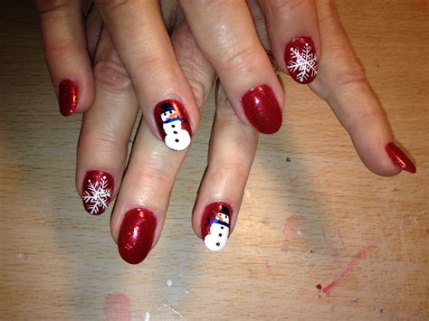 Red Nails With Snowman And Snowflakes Design On The Ring Fingers Red