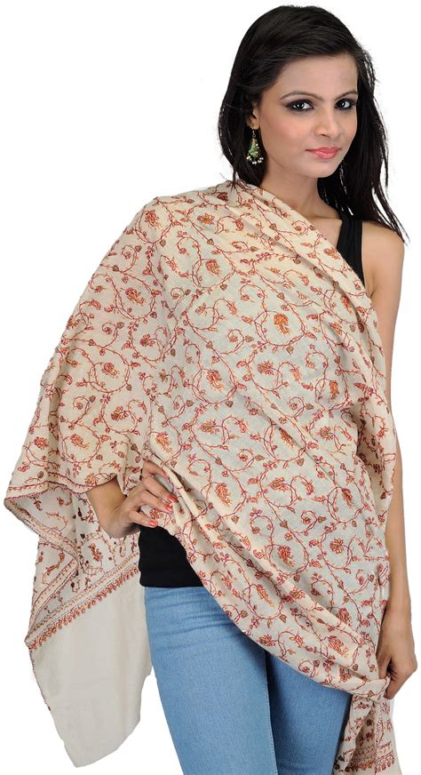 Ivory Pure Pashmina Stole From Kashmir With Sozni Hand Embroidered