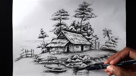 Cara Menggambar Pemandangan Menggunakan Pulpen Dengan Mudah Drawing Landscape With Pencils