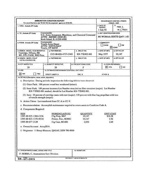 Figure 1 Da Form 2415 Ammunition Condition Report Authorizing