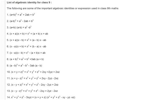 Dcmc Math Class 8 List Of Algebraic Identities For Class 9