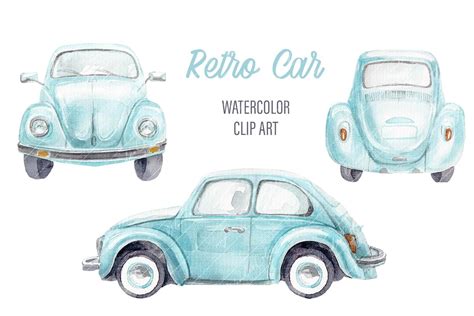 Vintage Car Clipart Classic Car Watercolor Png Cute Beetle Cat Art