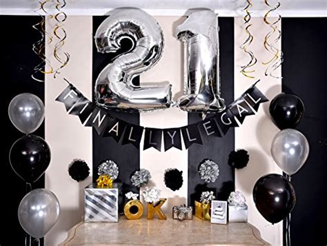 21st Birthday Party Pack Black And Silver Happy Birthday Bunting Poms