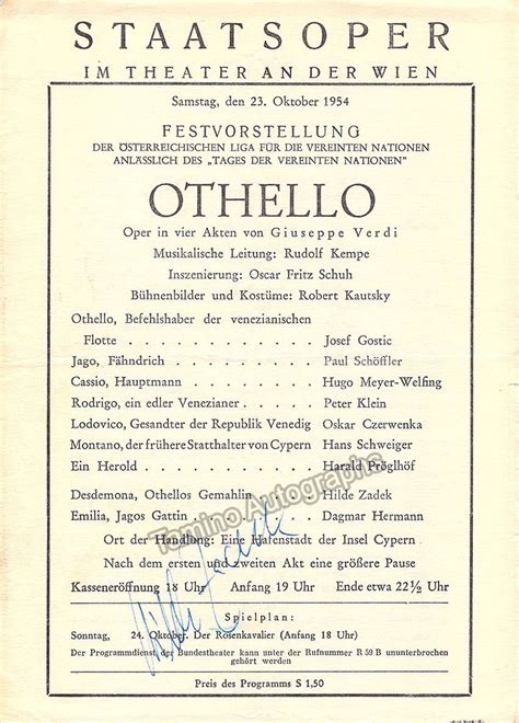 Zadek Hilde Signed Program Insert Vienna Staatsoper 1954 Tamino