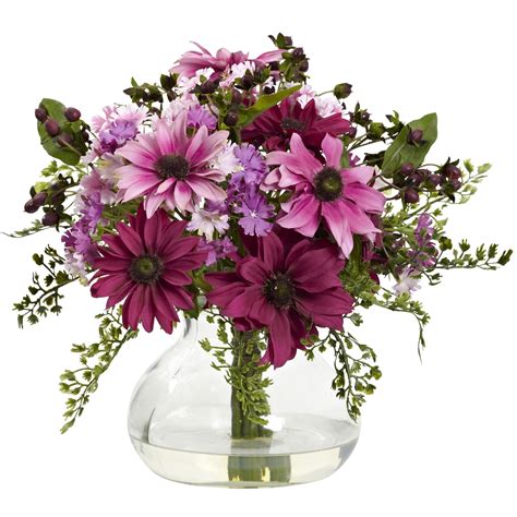 Nearly Natural Mixed Daisy Floral Arrangement With Vase