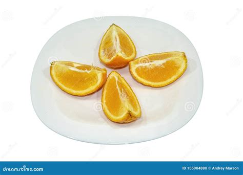 Four Orange Fruit Segments Isolated On White Plate Clipping Path Stock
