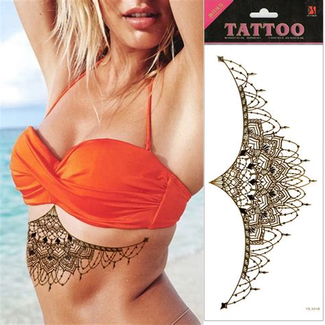 1pc Chest Bikini Tattoo Sticker Large Shoulder Arm Necklace Flower Gold Sternum Tattoos Sleeve