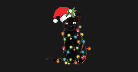 Santa Black Cat Wrapped Up In Christmas Tree Lights Holiday T Shirt