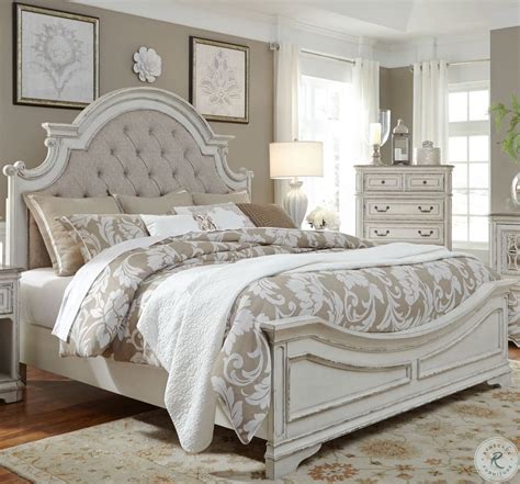 Magnolia Manor Antique White King Upholstered Panel Bed In 2020