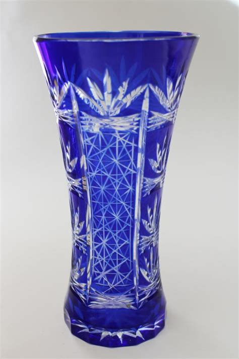 Vintage Cobalt Blue Cut To Clear Glass Vase Bohemian Crystal Romania