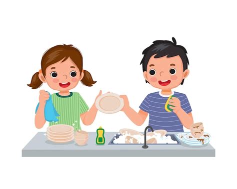 Premium Vector Cute Kids Washing Dishes Together Cleaning And Wiping