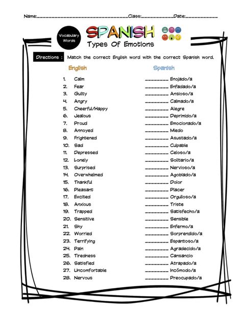 Spanish Emotions Vocabulary Matching Worksheet And Answer Key Made By Teachers