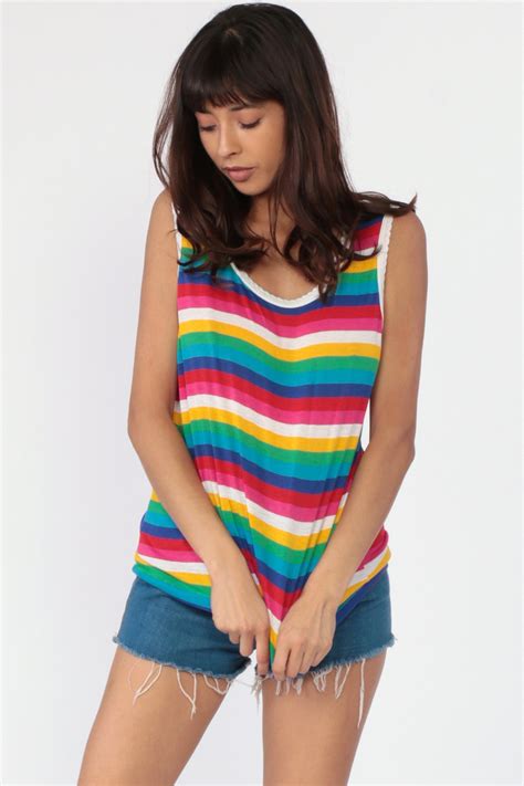 Rainbow Tank Top Striped Ringer Tee Shirt 80s Retro Shirt Sleeveless Top 1980s Hipster Vintage