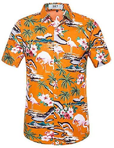 Herren Flamingos L Ssig Button Down Kurzarm Aloha Hawaii Hemd Orange Xl