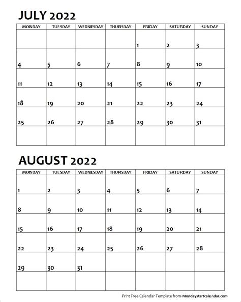 July August 2022 Calendar Monday Start Editable Two Months Template
